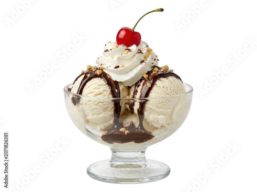 Vanilla ice cream sundae with chocolate sauce whipped cream and cherry on top Isolated on transparent background