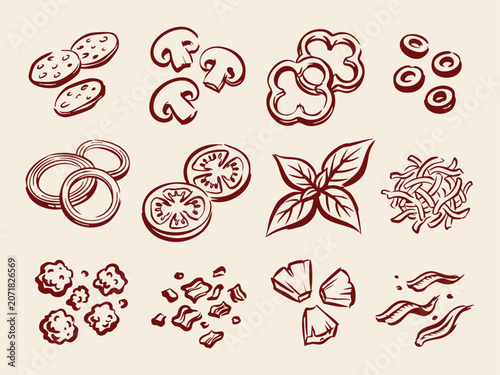 Bilde på lerret Pizza topping doodle set hand drawn pepperoni mushroom basil and cheese red line