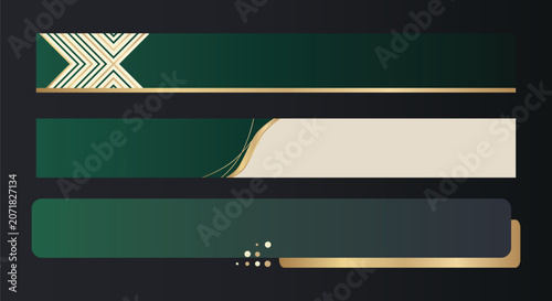 luxury horizontal banners lower third in emerald green, gold, and beige tones. elegant geometric patterns