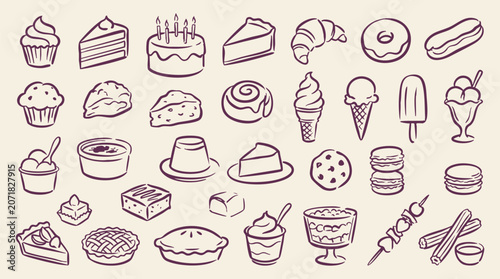 Bild auf Leinwand Dessert doodle set hand drawn bakery sweets cake ice cream and candy line art il