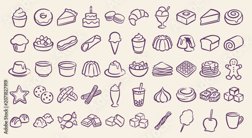 Bild auf Leinwand Dessert sweets doodle set hand drawn candy bakery treats and pastry line art ill
