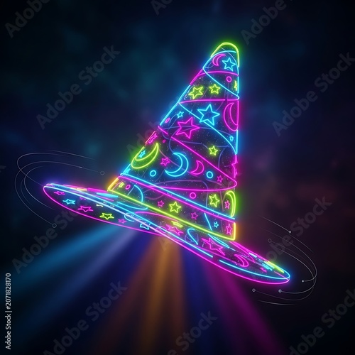 Neon glowing witch hat illustration with stars and moon symbols.