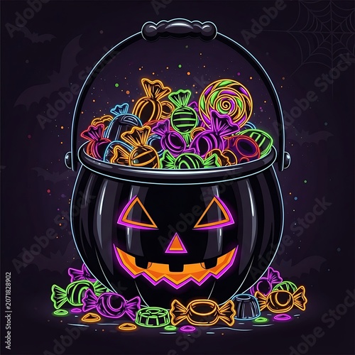 Neon Halloween Jack O Lantern Bucket Filled With Assorted Candy.