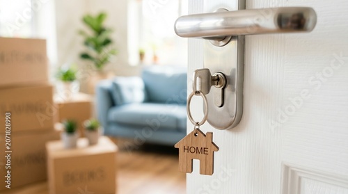 A shiny silver metal door handle features a hanging key with a decorative wooden house shaped keychain providing a bright and welcoming symbol for real estate.