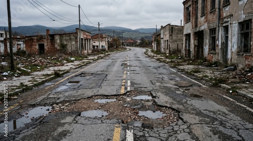 A desolate street lies damaged with buildings on either side under a gloomy sky.