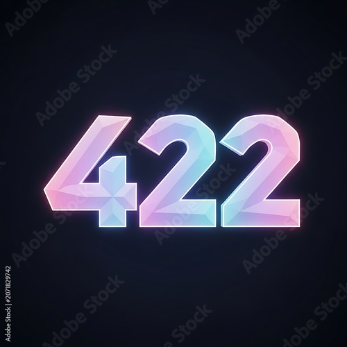Neon holographic number 422 glowing on dark background.