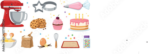 Baking and Pastry Cooking Vector Set with Stand Mixer, Birthday Cake, Cupcake, Cookies, Piping Bag, and Sweet Dessert Ingredients