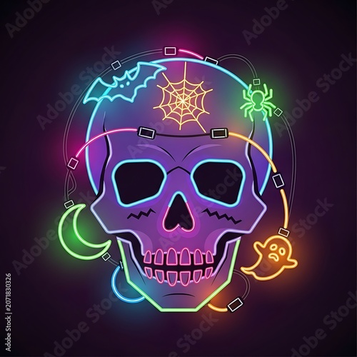 Neon Skull Halloween Illustration with Spooky Icons.