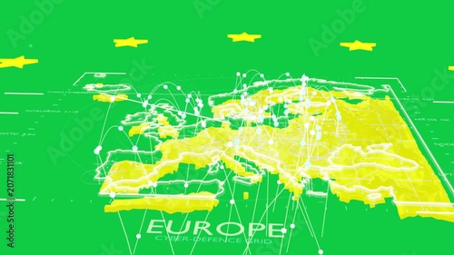 Receiving pulses EUROPE neon map animating nodes tilting showing CYBER-DEFENCE GRID transparent