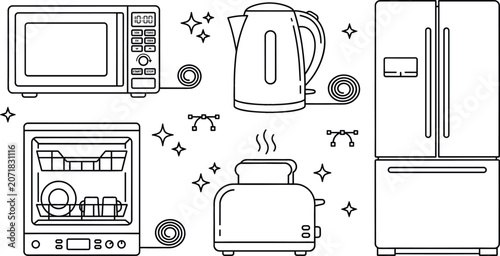 Kitchen appliances household traditional vector elements doodle set with microwave kettle refrigerator dishwasher toaster and electrical power cords