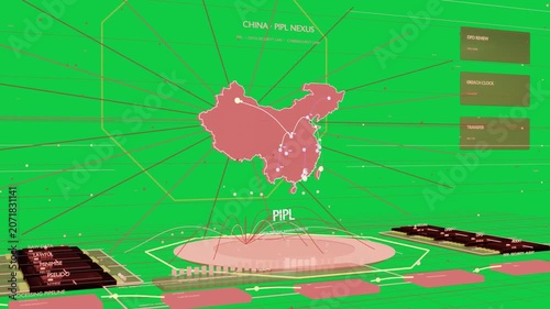 Platform pulsing, launching arcs linking PIPL China to nodes, visualizing flow on transparent scene