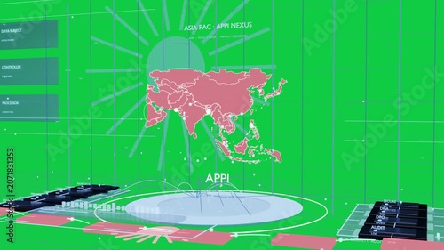 Red cursor tapping emblem, Asia map forming on pulsing base, nodes link showing APPI, transparent