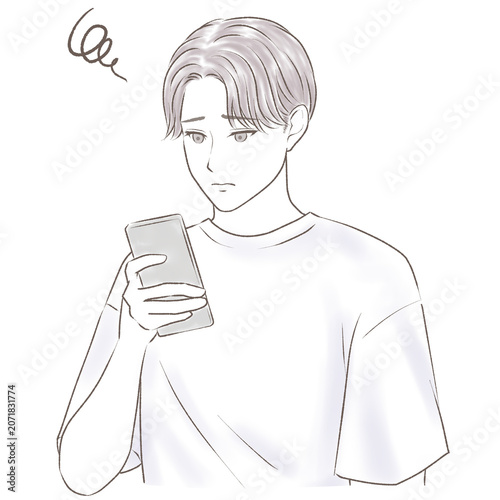 スマホを操作して困っているセンターパートの男性