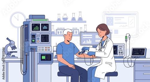 Doctor taking patient's blood pressure in modern clinic with medical equipment