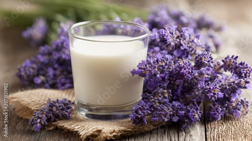 Creamy Milk in Glass with Fresh Lavender on Rustic Wood Surface