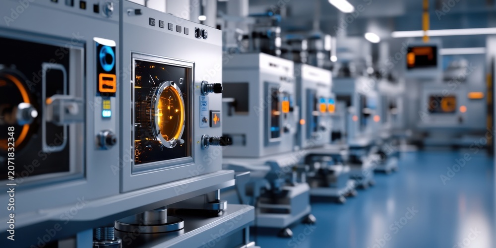 Fototapeta premium Advanced laboratory equipment in a high tech research facility with glowing displays and precision instruments