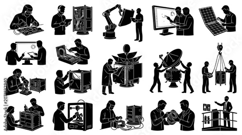 Black  White Engineering Technology Glyphs: Robotics, Satellites, Electronics RD, Manufacturing Icons