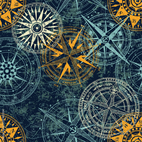 Grunge nautical rose wind compass with nautical map background vintage vector seamless pattern for fabric carpet wallpaper pillow tablecloth shirt tapestry