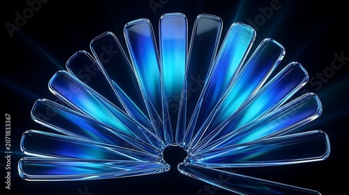Abstract 3d rendering of glowing blue glass panels arranged in a fan shape