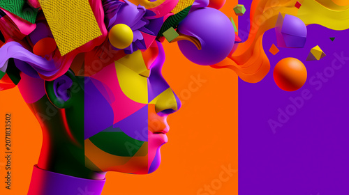 Abstract surreal portrait of a person with colorful geometric patterns on their face and flowing shapes erupting from their head.