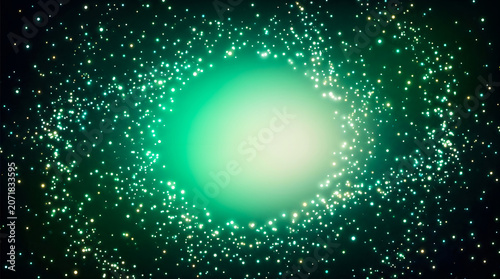 Abstract green background with glowing particles and magical light orbs in a cinematic space atmosphere