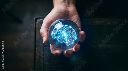 Human hand holding a glowing digital brain sphere representing artificial intelligence technology