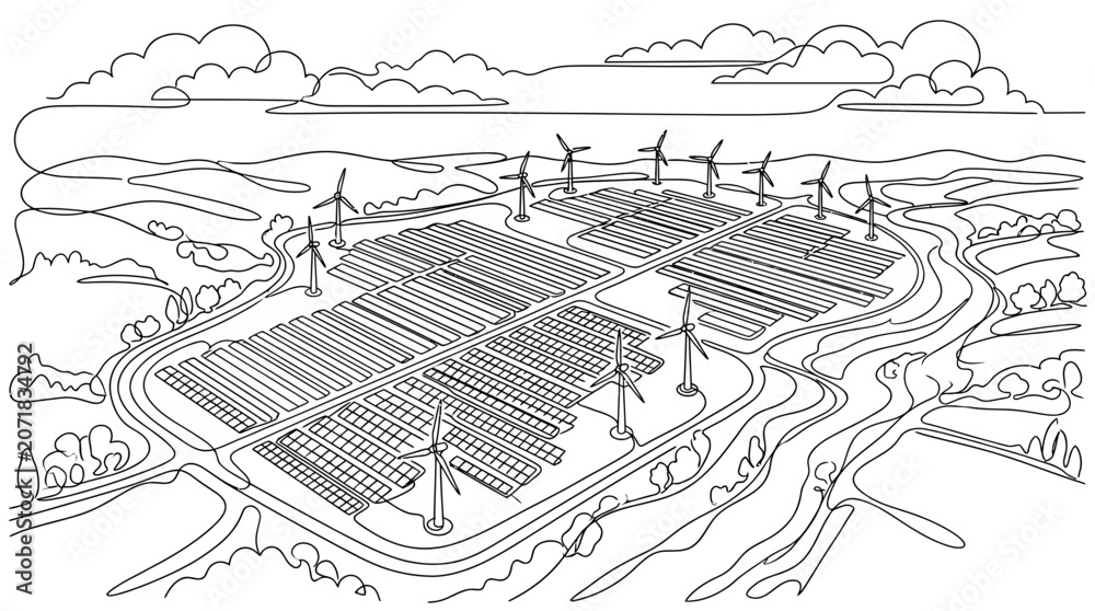 Fototapeta premium Hybrid renewable energy power plant with solar panels and wind turbines.