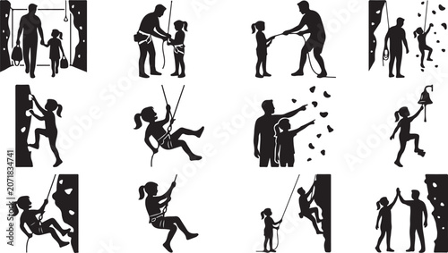 Εκτύπωση καμβά Set of silhouettes of a father and daughter rock climbing, bouldering, and prepa