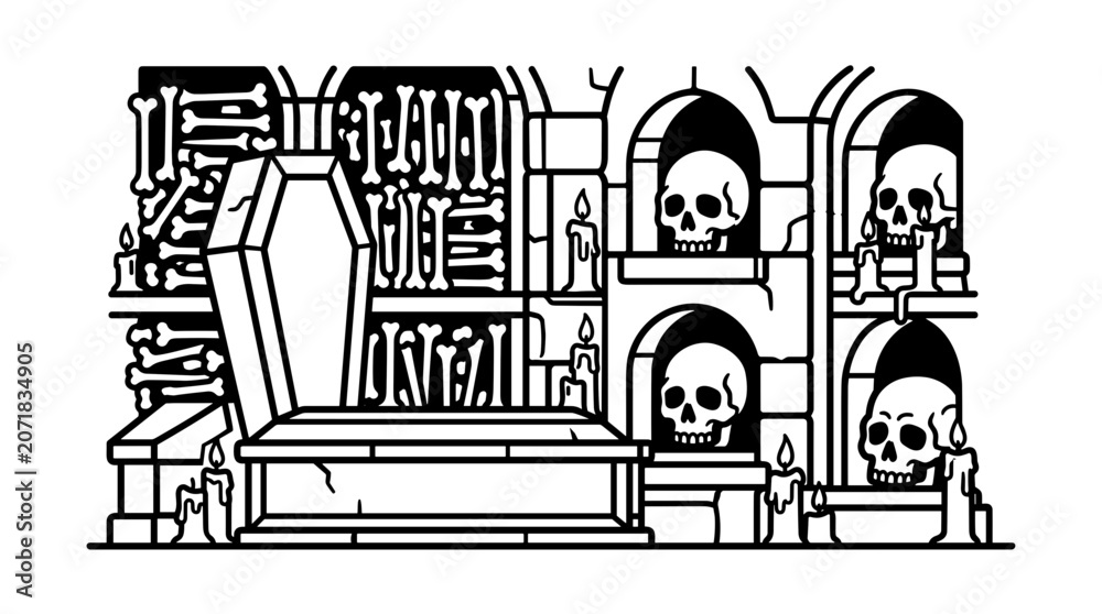 Naklejka premium Spooky Crypt Scene with Coffin Skeletons and Candles.