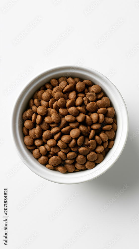 Fototapeta premium Bowl of dry cat food kibble viewed from above on a clean white background, representing balanced feline nutrition and healthy pet feeding.