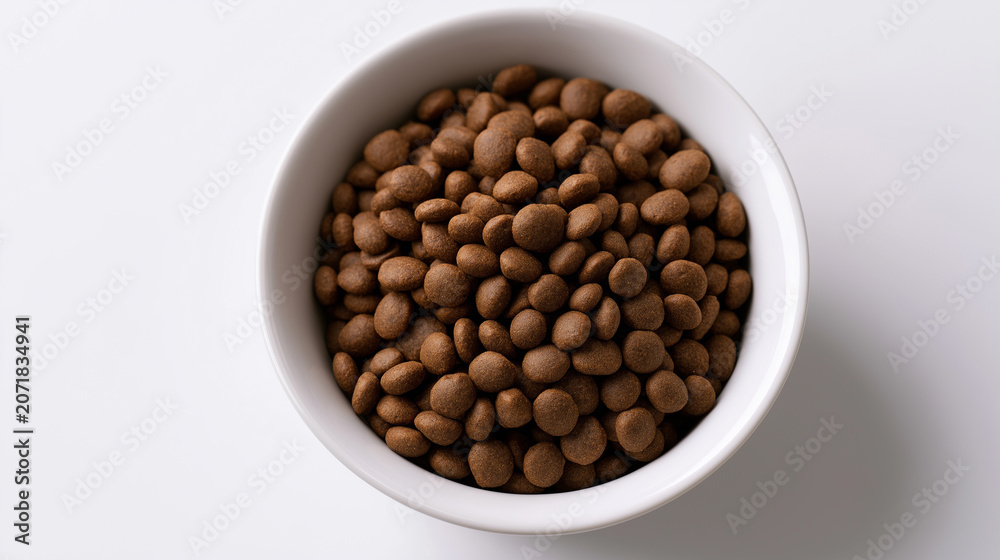 Fototapeta premium Bowl of dry cat food kibble viewed from above on a clean white background, representing balanced feline nutrition and healthy pet feeding.