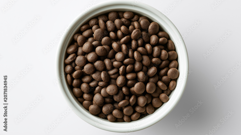 Fototapeta premium Bowl of dry dog food kibble viewed from above on a clean white background, representing pet nutrition and healthy canine feeding.