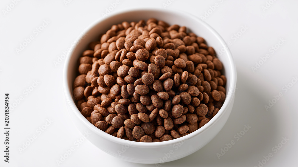 Fototapeta premium Bowl of dry dog food kibble viewed from above on a clean white background, representing pet nutrition and healthy canine feeding.
