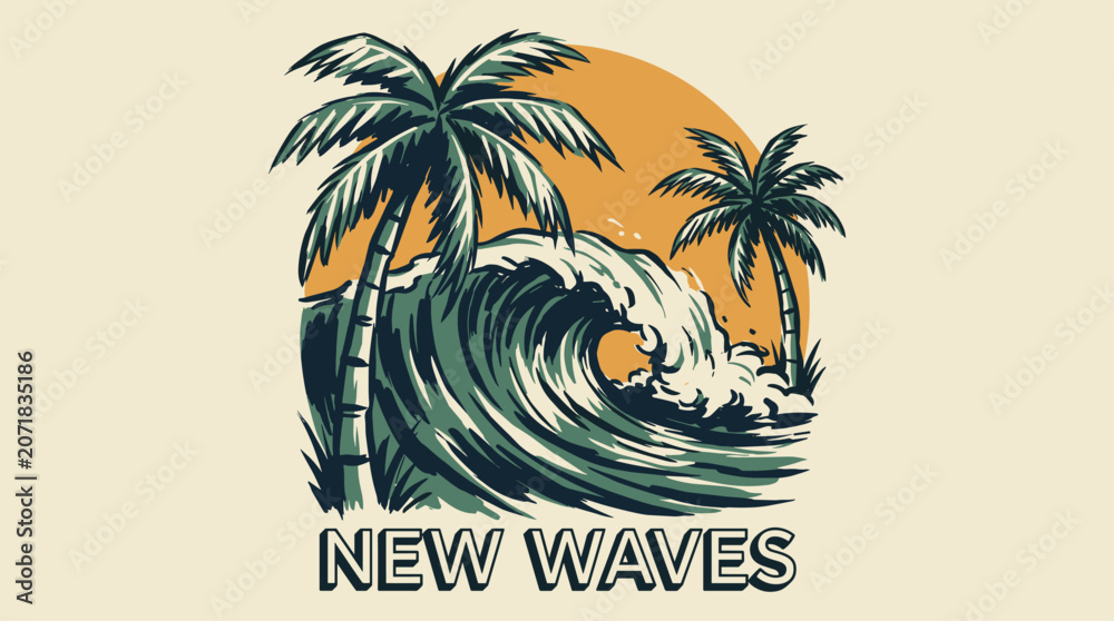 Obraz premium Summer vibes. New waves beach. Vintage palm sunset.