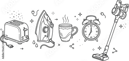 Fényképezés Morning routine household traditional vector elements doodle set with toaster ir