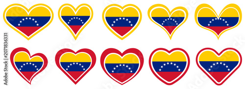 Collections Venezuela flag heart shaped icon set. Venezuela flag love symbol. Romantic Venezuela flag badge emblem design vector illustration