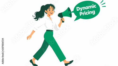 Woman holding megaphone with dynamic pricing text.