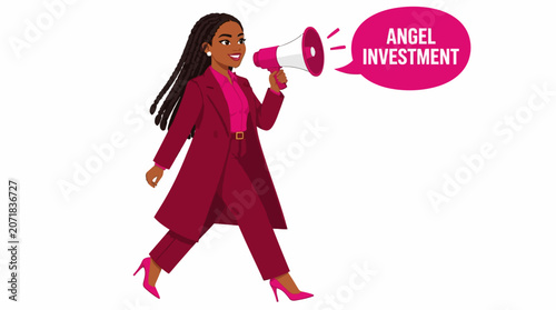 Confident woman in red suit holding megaphone for announcement.
