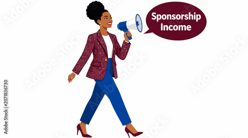 Woman in business suit holding sponsorship income sign.