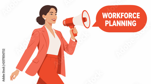 Businesswoman using megaphone for workforce planning announcement.