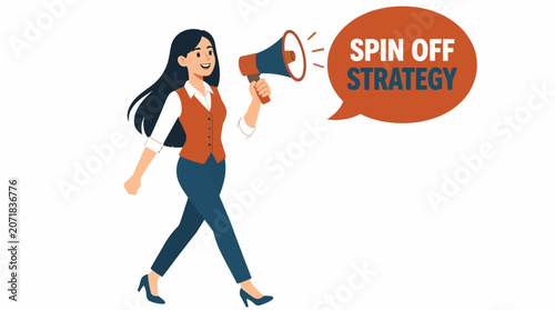 Woman holding megaphone with spin off strategy text.