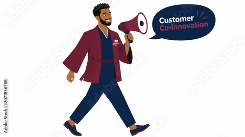 Man walking with megaphone for customer acquisition.