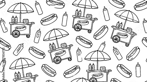 Hot dog street food carts and umbrellas pattern.