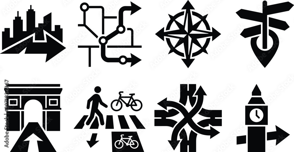 Fototapeta premium Navigation and Direction Silhouette Icons Set Featuring Maps Routes Signposts Crosswalks Landmarks and Wayfinding Symbols