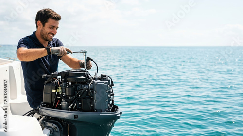 Experienced technician servicing an outboard engine with a beautiful ocean backdrop in the distance