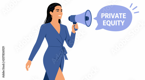 Woman in blue dress holding megaphone with private equity text.