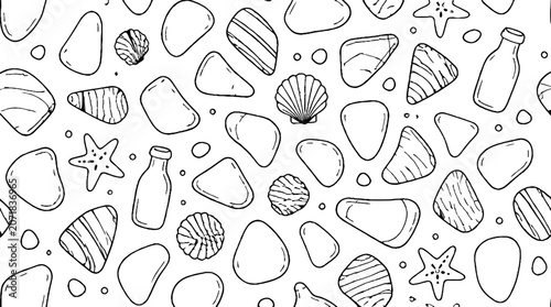 Assorted seashells and starfish illustration in black and white.