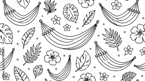 Tropical hammock and leaves seamless pattern design.