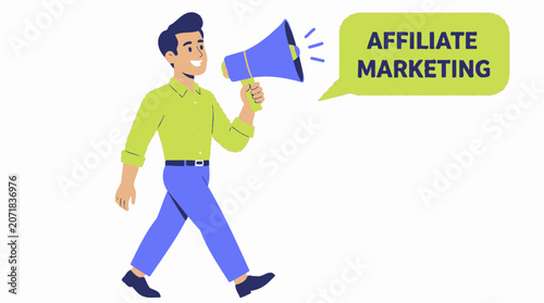 Man holding megaphone for affiliate marketing promotion.