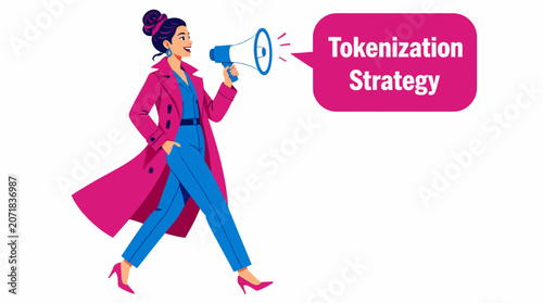 Woman in pink coat using megaphone for announcement.